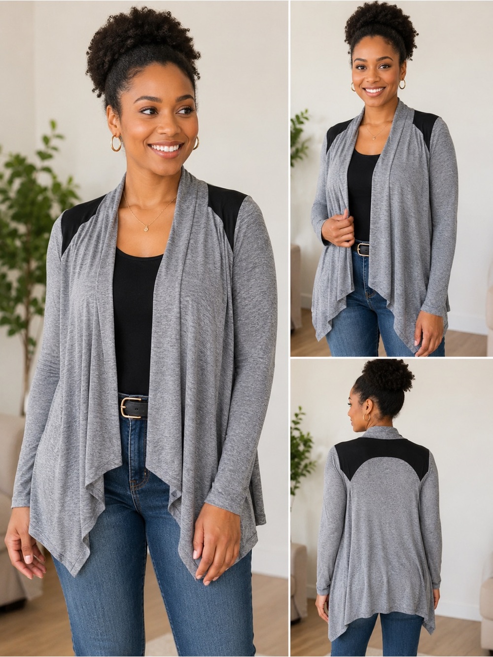 RolyPoly Gray Open-Front Draped Cardigan Sweater Black Shoulder Accent Panels